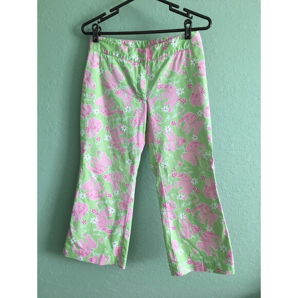 Lilly Pulitzer Size 4 Green Pink Elephant Capri Pants - Picture 1 of 5